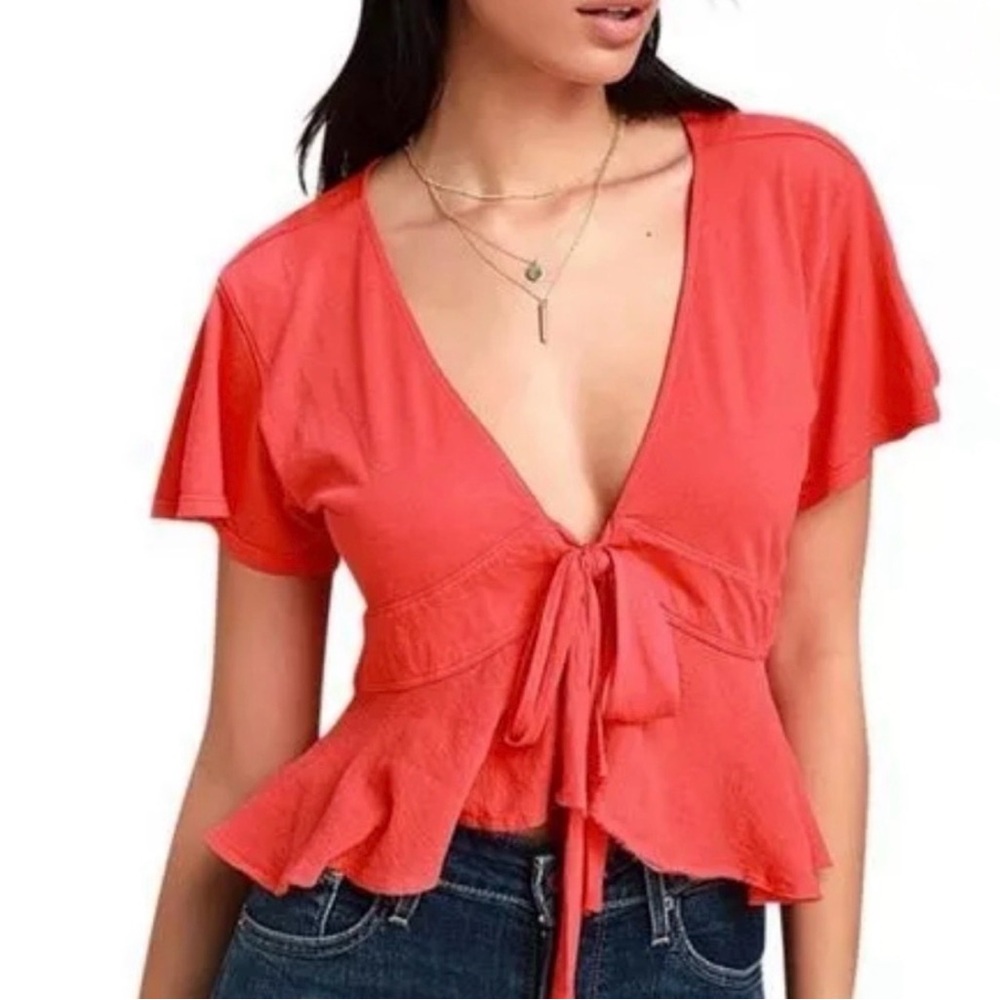 We The Free by Free People Bold Red / Dark Coral Tie-Front Blouse Size XS